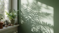 Sunlight casting tropical palm leaf shadows on green wall near window with potted plants creating natural botanical interior design atmosphere.
