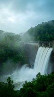 Hydroelectric dam with powerful water spillway cascading through misty forest valley under dramatic cloudy sky for renewable energy and environmental concepts.