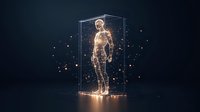 Glowing digital wireframe figure standing in transparent glass case with floating light particles on dark background, futuristic technology concept.
