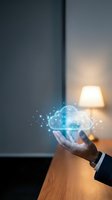 Businessman hand holding glowing cloud computing technology with digital network connections and data transfer icons in modern office environment.