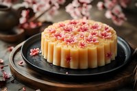 Elegant layered pudding cake decorated with delicate pink cherry blossoms on black plate. Soft natural lighting creates romantic mood for food photography.