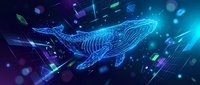 Digital whale hologram floating in futuristic cyberspace with neon blue glowing lines and geometric particles for technology and marine life concepts.