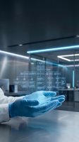 Close-up of gloved hand holding holographic flowchart in modern laboratory setting. Scientist displays digital process diagram with connected nodes and icons for business workflow, data analysis, and technology solutions.