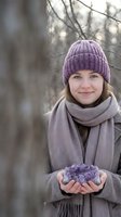 Young Caucasian woman in purple knit hat and gray scarf holding amethyst crystal cluster outdoors in winter forest setting with soft natural lighting.