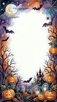Watercolor Halloween border frame with jack-o-lanterns, bats, spider web, haunted house, gravestones, and moon, with white copy space center.