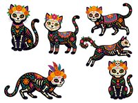 Colorful sugar skull cats with floral patterns and ornate details in sitting and walking poses, isolated on white background for clipart and design use.