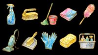 Watercolor cleaning tools set isolated on transparent background, ready for stickers, print on demand, sublimation, and T-shirt design. Includes mop, brush, gloves, sponge, and more.