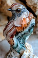 Decorative bird figurine crafted from polished agate stone featuring natural swirling patterns in turquoise, orange and white, with detailed carved features and glossy finish.