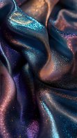 Shimmering navy blue fabric with iridescent glitter effect creates flowing waves and folds, featuring purple and turquoise sparkles catching light dramatically.