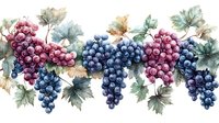 Watercolor grape clusters in purple and blue tones with green leaves arranged in horizontal composition, seamless pattern design for fabric and wallpaper.
