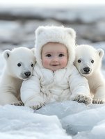 Caucasian infant wearing white winter outfit and polar bear hat, positioned between two polar bears in snowy arctic landscape. Suitable for children's books, holiday campaigns, and winter-themed designs.
