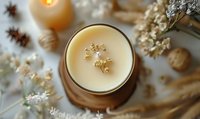 Aromatic soy wax candle with dried flowers in wooden holder, surrounded by natural elements for cozy home decor or spa atmosphere.