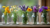 Colorful wildflowers arranged in glass mason jars on wooden surface, including daisies, lavender, sunflowers and purple asters against soft blurred background.