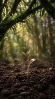 Young seedling sprouting from rich soil in a lush forest with moss-covered branches and dappled sunlight, symbolizing growth, renewal, and environmental conservation for eco-friendly designs.