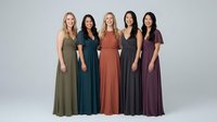 Five diverse women in elegant long dresses standing together against neutral background for wedding party or formal event photography.