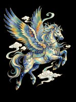 Ornate flying pegasus with blue and gold wings, Asian art style, isolated on transparent background, ready for t-shirts, stickers, and print on demand.