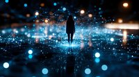 Silhouette of person standing on reflective surface surrounded by magical blue bokeh lights and glowing particles creating dreamy atmospheric night scene.