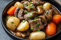 Hearty beef stew with tender meat chunks, baby potatoes, carrots and mushrooms in rich brown gravy, garnished with fresh chopped herbs in black bowl.