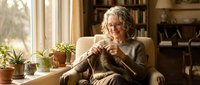 Senior woman with gray curly hair and glasses knitting in armchair by sunny window with potted plants and bookshelves, enjoying peaceful hobby at home.