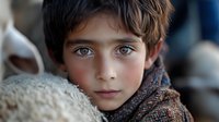 Young Caucasian boy with striking blue eyes and dark tousled hair wearing brown knit scarf, close-up portrait showing innocent expression and natural lighting.