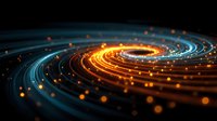 Abstract digital spiral with glowing orange and blue light trails creating dynamic energy flow on dark background for technology concepts.