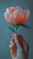 Delicate feminine hand with manicured nails holding single coral peony flower against moody teal background, soft dreamy lighting creates romantic atmosphere.