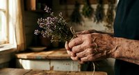 Elderly hands holding delicate purple wildflowers in rustic kitchen setting with warm natural lighting and vintage wooden surfaces.