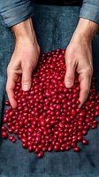 Male hands holding fresh red cranberries on dark background. Top view of ripe berries harvest. Natural healthy ingredient for cooking and food design.