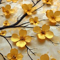 Golden metallic flowers with five petals on dark branches against textured cream background create elegant floral wall art pattern for luxury interior design.