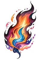 Vibrant flame artwork with swirling orange, blue and purple colors creating dynamic movement against white background, isolated design element for creative projects.