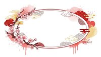 Elegant oval frame with cherry blossoms, red and pink watercolor splashes, decorative Asian-inspired elements on white background for design projects.