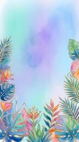 Watercolor tropical frame with monstera, palm leaves and exotic flowers in pastel teal, purple and gold tones, copy space for text.