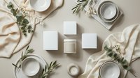 Minimalist cosmetic packaging mockup with white boxes and jars on neutral beige background with eucalyptus leaves and silk fabric for skincare branding.
