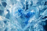 Frozen heart shape formed in clear ice with intricate crystalline patterns and blue tones, capturing delicate details and natural light refraction in winter macro photography.