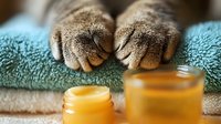 Close up of cat paws resting on soft turquoise towel next to honey or massage oil jars, creating cozy spa atmosphere for wellness and relaxation concept.