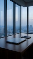 Modern office workspace with laptop and smartphone on dark desk overlooking cityscape through floor-to-ceiling windows, suitable for business, technology, and corporate design projects.