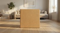 Closed cardboard box on wooden floor in modern living room interior with furniture and natural light for shipping, storage, and delivery concepts.