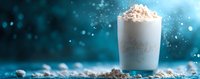 Creamy milkshake with whipped cream topping against blue bokeh background, perfect for food and beverage advertising.