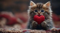 Adorable fluffy kitten holding red heart in paws, perfect for Valentine's Day cards, romantic greeting designs, and love-themed projects.