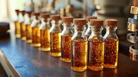 Small glass bottles with golden liquid and cork stoppers arranged in row on dark wooden surface, backlit with warm ambient lighting creating luxurious mood.