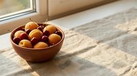 Fresh apricots in wooden bowl on linen cloth by sunlit window, ideal for food styling, recipe blogs, and kitchen decor projects.