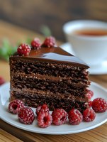 Slice of rich chocolate layer cake with glossy ganache frosting, decorated with fresh red raspberries, served on white plate with tea cup in background.