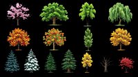 Set of diverse cartoon trees isolated on transparent background, including cherry blossom, oak, birch, willow, pine, and autumn trees, ready for clipart, stickers, and t-shirt design.