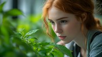 Young woman with red hair gazes thoughtfully among green foliage, soft natural lighting creates dreamy atmosphere, side profile portrait showcases delicate features.