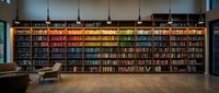 Modern library interior with colorful books arranged on tall wooden shelves, comfortable reading chair and warm lighting for study and research.