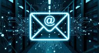 Glowing email envelope icon with @ symbol floating in futuristic digital server room with blue circuit patterns and data connections for tech communication.