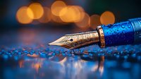 Elegant fountain pen with ornate blue barrel and gold nib on reflective surface against blurred bokeh lights background, creating luxurious writing atmosphere.