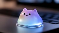 Glowing cat-shaped LED night light with kawaii face emitting soft rainbow colors on laptop keyboard, creating cozy ambient illumination for desk decoration.