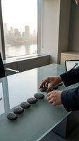 Businessman in dark suit arranging black cubes on glass desk in modern office with city skyline view through window, representing business strategy and planning.