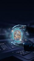Businessman hands protecting glowing percentage symbol hologram representing financial growth, investment returns and profit margins in modern office.